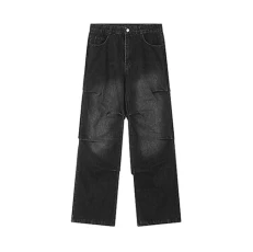 Men's Retro Distressed Washed Denim Loose Straight Jeans Fashion Casual Trousers with Pockets Wide Leg Pants