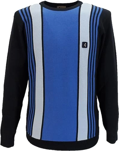 Mens Retro Striped Jumper Insignia Blue Crew Neck Long Sleeve Size Large