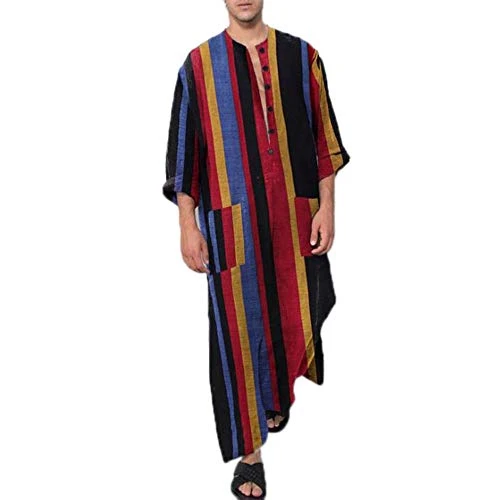 Men's Retro Striped Robe Men's Dress Arab Robe Middle Eastern Muslim Robe Black