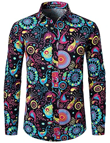 Mens Retro Traditional Ethnic Pattern Printed Linen Long Sleeve Button Down Shirt Multicolor L