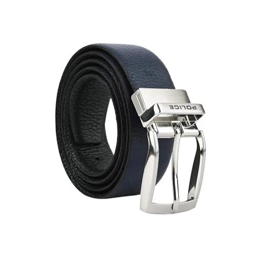 Men's Reversible Belt in Genuine Leather, Made in Italy, 3.5 cm High, Seamless, Adjustable and Shortened, Black and Blue, 120 cm (TG 52-54)