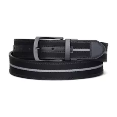 Men's Reversible Leather Casual and Dress Belts with Metal Buckle, Signature Logo - Black Ribbon/Leather, 42"