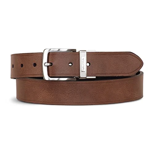 Men's Reversible Leather Jean Belt with Engraved Keeper Logo Design, Black/Brown, 42