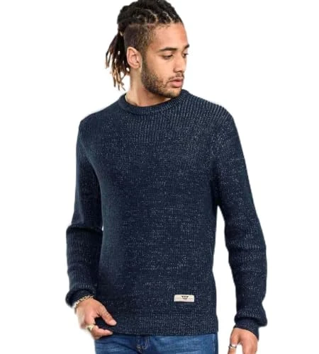 Mens Rib Knit Jumper with Crew Neck (FLOWTON) Navy