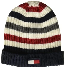 Men's Ribbed Beanie Hat, White Striped, One Size Men's Ribbed Beanie Hat, White Striped, One Size