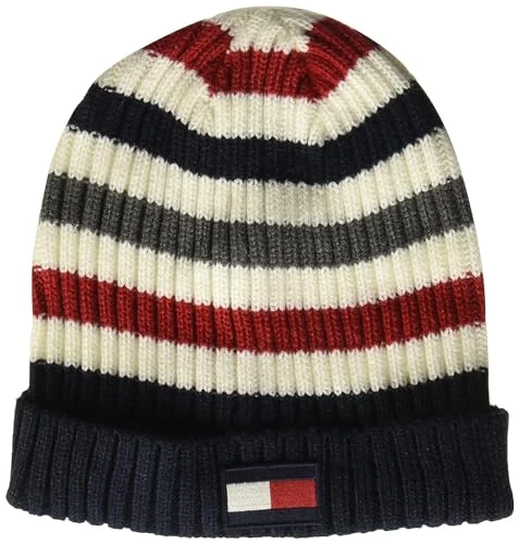Men's Ribbed Beanie Hat, White Striped, One Size
