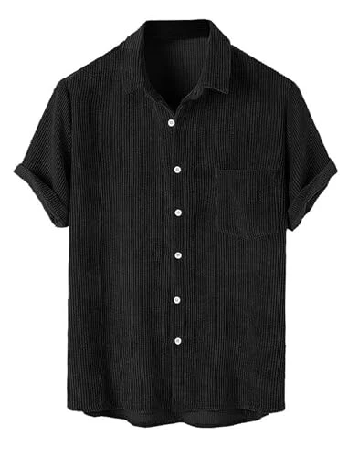 Men's Ribbed Corduroy Solid Color Casual Long Sleeves Pocket Button Up Shirt Plain Top, 1-black, Lar