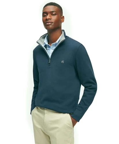 Men's Ribbed French Terry Half-Zip Pullover Sweater, Navy, M