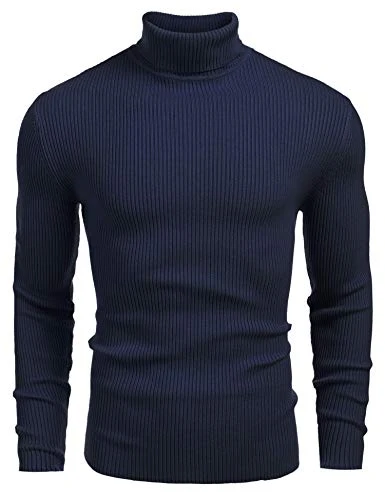 Mens Ribbed Slim Fit Knitted Pullover Casual Turtleneck Sweater, Sapphire, S