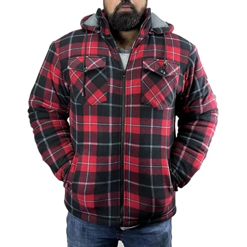 Mens Richmond Sherpa Fur Lined Lumberjack Shirt - Fleece Hooded Work Jacket Red