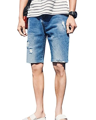 Mens Ripped Destroyed Distressed Denim Shorts Stretch Slim Fit Half Jeans Shorts Blue 32