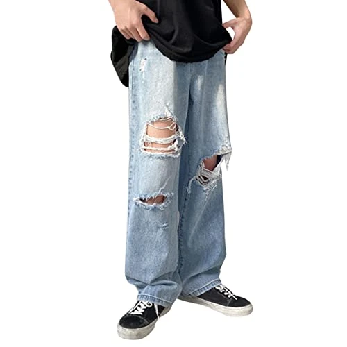 Men's Ripped Jeans Ripped Jeans Y2K Vintage Hip Hop Trousers Jeans Long High Waist Straight Leg Washed Jeans Denim Pants Skate Streetwear, blue, L