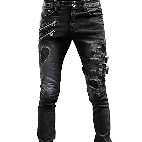 Mens Ripped Jeans Stretch Washed Distressed Tapered Leg Denim Pants Zipper Deco Buckle Strap Hip Hop