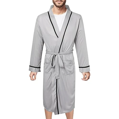 Men's Robe Kimono Dressing Gown Solid Color Lightweight Long Sleeve V Neck Bathrobe with Belt,Night Robe,Solid Color Nighties Loungwear Nightgown Sleepwear Pajamas Grey