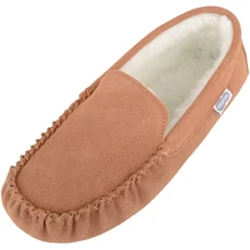 Mens Ronnie Suede Moccasin Slippers with Berber Fleece and Suede Sole - Lightbrown - UK 9 Mens Ronnie Suede Moccasin Slippers with Berber Fleece and Suede Sole - Lightbrown - UK 9