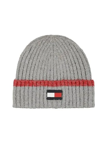 Men's Rubber Flag Patch Tipped Rib Cuff Hat Beanie, Heather Grey, One Size