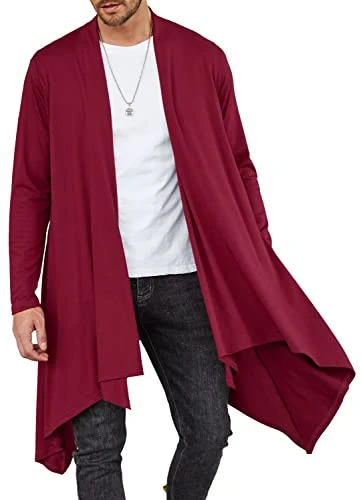 Men's Ruffle Shawl Collar Cardigan Long Sleeve Open Front Lightweight Long Length Drape Cape Overcoat with Pockets, Red-long, Large