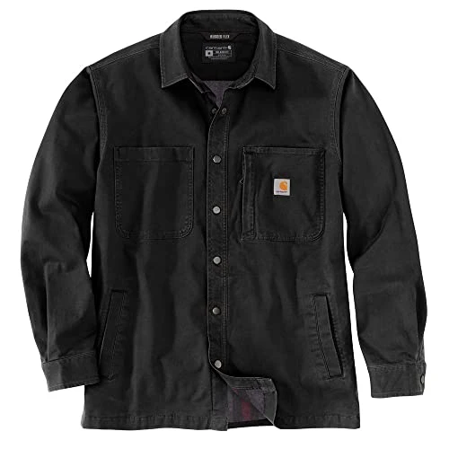 Men's Rugged Flex Relaxed Fit Canvas Fleece-lined Snap-front Shirt Jac, Black, M