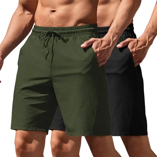 Men's Running Athletic Shorts 9" Gym Workout Lightweight Elastic Waist Sports Shorts, Black/Army Green, 3X-Large