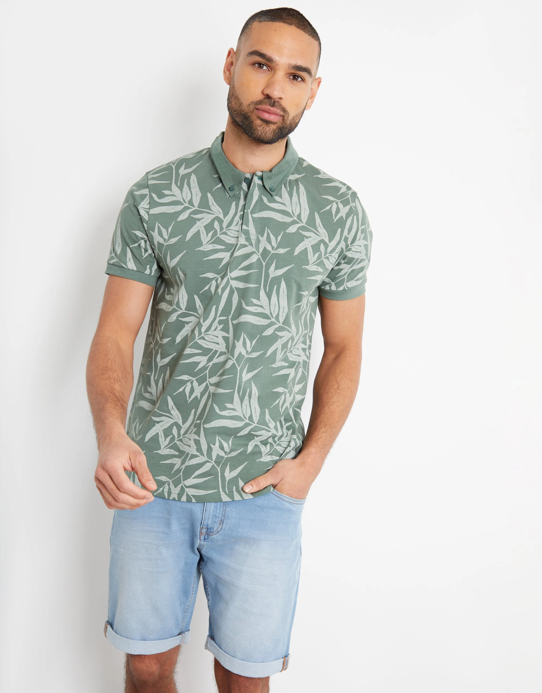 Men's Sage Leaf Print Polo Shirt