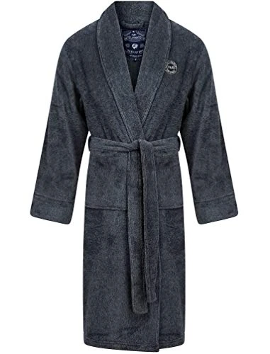 Men's Sandhurst Textured Soft Fleece Dressing Gown with Tie Waist - Navy & Grey - M