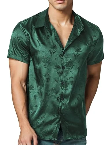 Mens Satin Floral Shirt Button Down Front Lapel Jacquard Satin Silk Shirts Short Sleeve Summer Beach