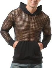 Men's See Through Mesh Long Sleeve Hoodies Top Sexy Fishnet Top Men See Through T-Shirts Mesh Tops Long Sleeve Undershirts Mesh Transparent Sleepwear Nightwear Black M