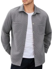 Mens Shacket Long Sleeve Shirt Jacket with Pockets Lightweight Quilted Overshirt, Light Grey, XL