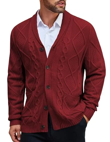 Men's Shawl Collar Cardigan Sweater Slim Fit Button Down Cable Knitted Sweater with Pockets