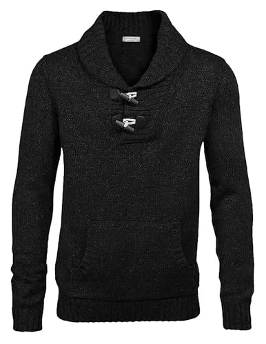 Men's Shawl Collar Pullover Sweater Relaxed Fit Casual Cotton Cable Knit Sweaters with Pockets, Black, XXL