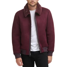 Men's Shearling Bomber Jacket with Faux Fur Collar, Mulberry, S Men's Shearling Bomber Jacket with Faux Fur Collar, Mulberry, S
