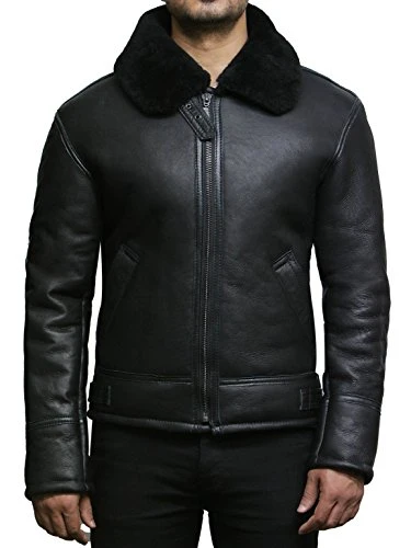 Mens Shearling Sheepskin Genuine Flying Biker Leather Jacket (Black, M)