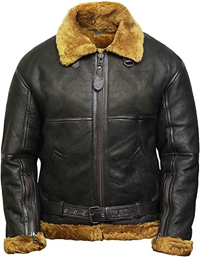 Mens Sheepskin Leather Jacket Aviator Real Shearling Bomber Flying Pilot (XS, Brown)…