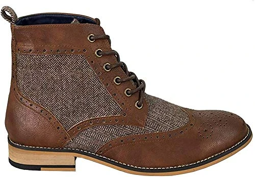 Men's Sherlock Shoes Tweed Vintage Leather Lace Up Ankle Boots, Brown, 7 UK