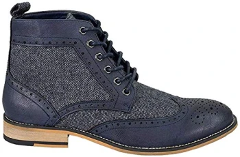 Men's Sherlock Shoes Tweed Vintage Leather Lace Up Ankle Boots, Navy, 10 UK