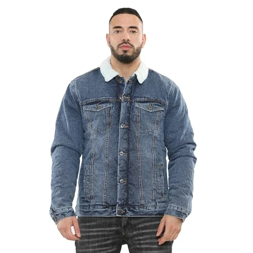 Men's Sherpa Trucker Denim Long Sleeves Sherpa Lined Jacket Washed Denim Western Style Jean Coat (S,