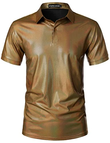 Mens Shiny Metallic Gold Sequins Short Sleeve Polo Shirt for 70s Disco Nightclub Party Multi Gold XXL