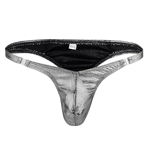Men's Shiny Metallic Ruched Bikini Briefs G-String Pouch Thongs Low Rise Panties Underwear Silver One Size