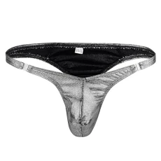 Men's Shiny Metallic Ruched Bikini Briefs G-String Pouch Thongs Low Rise Panties Underwear Silver One Size
