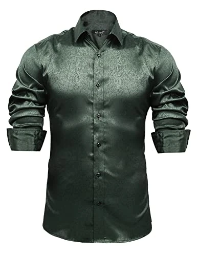 Mens Shiny Satin Luxury Jacquard Business Casual Long Sleeve Button Down Shirt Irregular Plaid, Dark