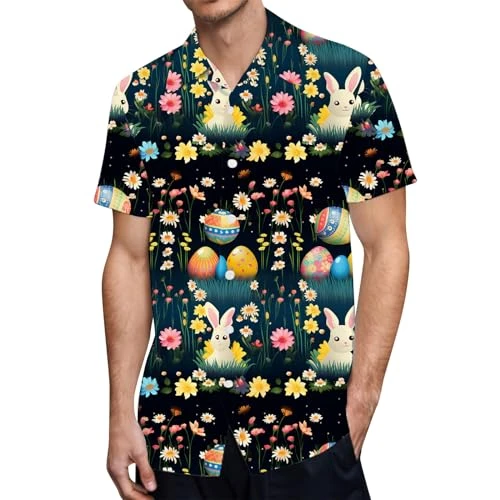 Men's Shirt Short Sleeve White Men's Shirt Top Fashion Casual Easter Printed Button Pocket Shirt Men