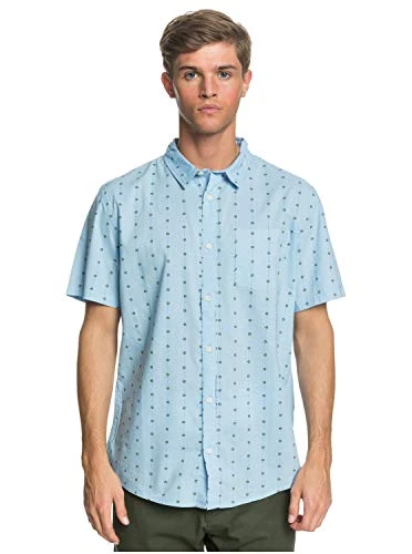 Men's Shirt Short Sleeve Woven Button, Barbed Airy Blue, S