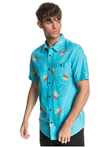 Men's Shirt Short Sleeve Woven Button, Paradise Pacific Blue, Medium