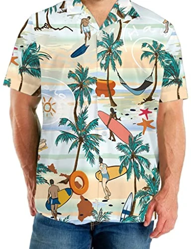 Men's Shirt with Digital Print and Short Sleeves Short Sleeve Shirt Beach Vacation (S, Surf Beach)