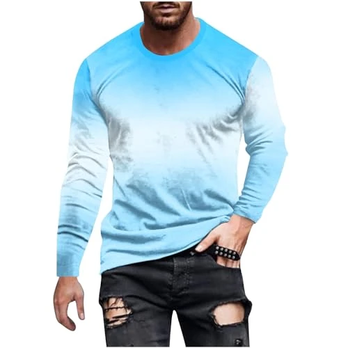 Mens Shirts Dressy Casual Gradient Contrast Color Long Sleeve Shirt Round Neck Regular Pullover Vaca