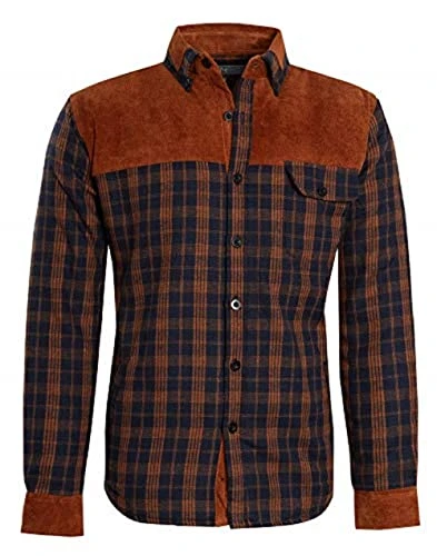 Mens Shirts Fleece Lumber Jacket Check Cord Quilted Padded Thermal Button Up Shirt Brown