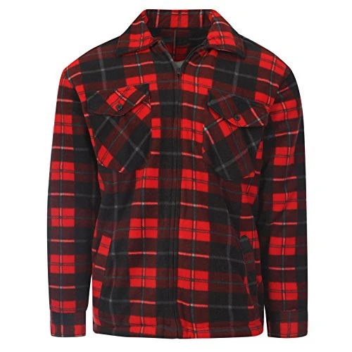 Mens Shirts Fleece Padded Lumberjacket Sherpa Fur Lined Lumberjack Hooded Quilted Thermal Check Shirt Red (Collar) M