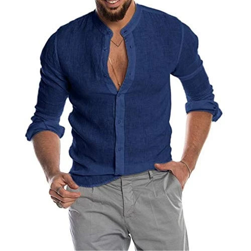 Mens Shirts Long Sleeve Button Down Casual Stand-up Collar Loose Flax Shirts Navy