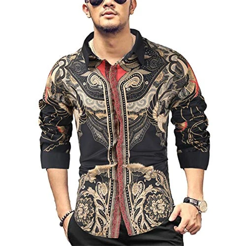 Mens Shirts Long Sleeve Button Down Casual Turndown Collar Slim Fit Floral Cotton Shirts