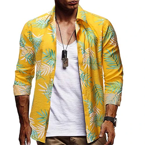 Mens Shirts Long Sleeve Turndown Collar Relaxed Floral Cotton Casual Shirts